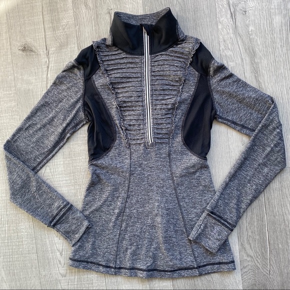 lululemon athletica Tops - Lululemon Half Zip Gray Black Thumb Holes Ruffle 4